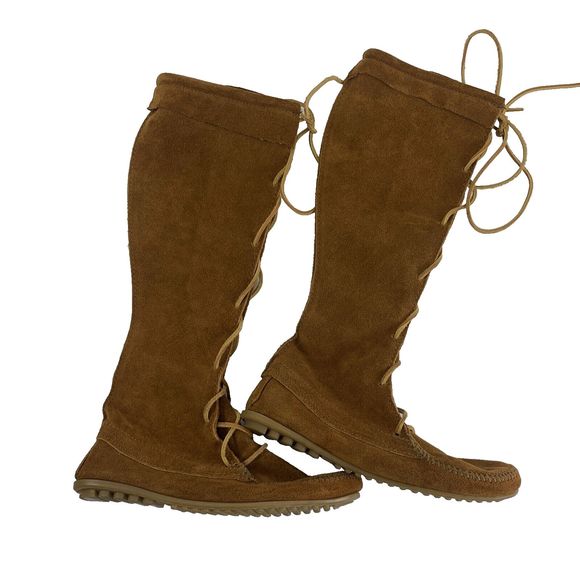 Minnetonka Shoes - Minnetonka Tan Suede Front Lace Up Tall Boots Tan Fringe Removed 7422 Womens 7